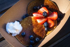 The Overachiever: A Short stack of pancakes (3) with fresh berries or chocolate chips.     Be the teacher’s pet with coconut cream and maple syrup at Well-Fed Ed - Food Truck in Wilmington