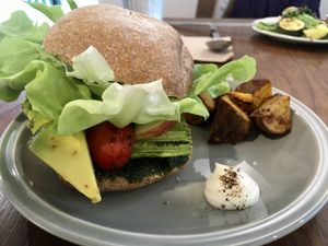 Sourdough pesto sandwich with tomato confit, avocado and apples. Served with sweet potato wedges and a creamy dip  at Dream Eater Snoreatery - 食夢 Snoreatery in Taipei