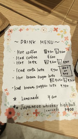 Drink menu at Naki - vegan sweets in Osaka