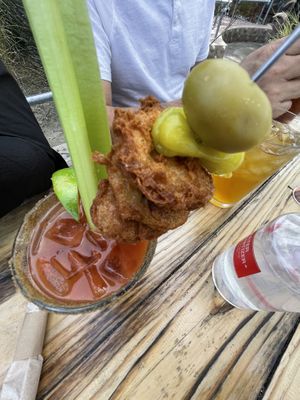 Birdy Mary topped with fried pickles  at Seabirds Kitchen - The LAB in Costa Mesa