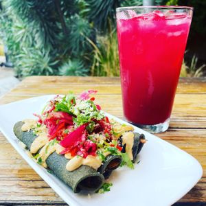 Purple potato taquitos and blueberry mint lemonade 💕 at Seabirds Kitchen - The LAB in Costa Mesa