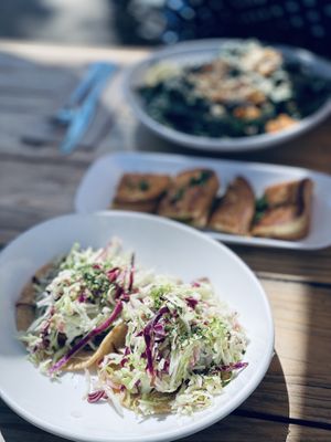 Beer batter avocado tacos, grilled cheese, and kale caesar salad at Seabirds Kitchen - The LAB in Costa Mesa