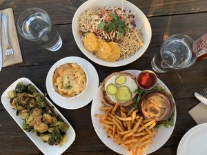 Brussels, beet burger, mac n cheese, and Chinese shiitake salad at Seabirds Kitchen - The LAB in Costa Mesa