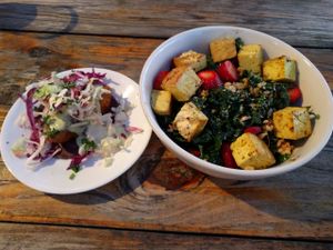 beer battered avo taco and strawberry kale salad with tofu at Seabirds Kitchen - The LAB in Costa Mesa