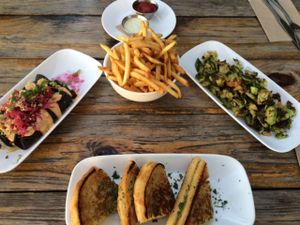potato taquitoes, grilled cheese, Brussels, and fries at Seabirds Kitchen - The LAB in Costa Mesa
