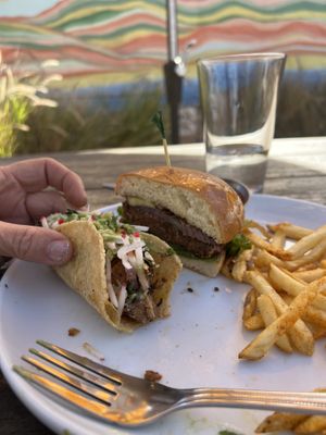 El Pastor taco & beet burger  at Seabirds Kitchen - The LAB in Costa Mesa
