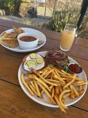Grilled Cheese with tomato soup, Beets-Me Burger & fries, with a Kefir soda.   at Seabirds Kitchen - The LAB in Costa Mesa