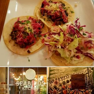 a marinated mushroom and a beer battered avocado taco at Seabirds Kitchen - The LAB in Costa Mesa
