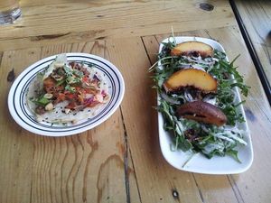 Grilled peach salad and Korea taco 💜 at Seabirds Kitchen - The LAB in Costa Mesa