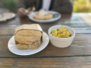 Muffin breakfast and Tofu scrambleed eggs  at Seabirds Kitchen - The LAB in Costa Mesa