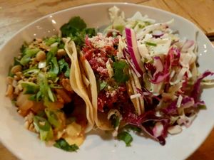 3 kinds of tacos - marinated mushroom, beer-battered avocado and kimchi jackfruit.  at Seabirds Kitchen - The LAB in Costa Mesa