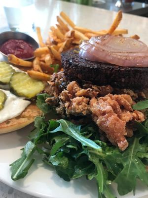 The Beets Me Burger with fried kimchi (we added it!) is so good! at Seabirds Kitchen - The LAB in Costa Mesa