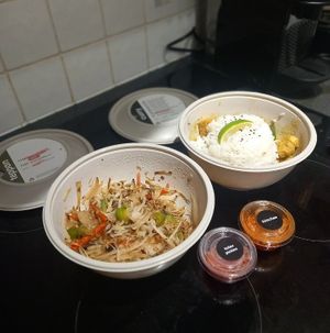 tofu raisukaree curry and yasai yaki soba mushroom noodles at Wagamama in Dundee