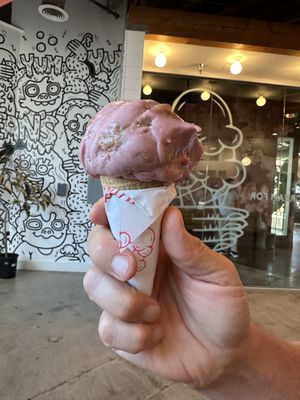 Strawberry oat crumble! The regular cone is not vegan  at Stella Jean's Ice Cream - The Lab in Costa Mesa