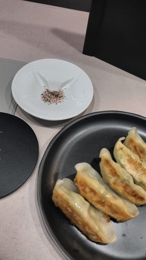 Gyoza. The salt is cat shaped 🥹 at Vegan Cafe Tsukineko in Osaka