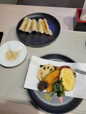 Tempura and gyoza at Vegan Cafe Tsukineko in Osaka