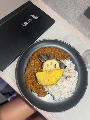 absolutely delicious vegan curry with veg tempura !  at Vegan Cafe Tsukineko in Osaka