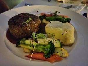 Lentil 'steak' with vegetables at Elements Restaurant in Oranjestad