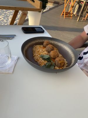 Healthy Italian Vegan Patties and Marinara Sauce over Pasta  at Elements Restaurant in Oranjestad