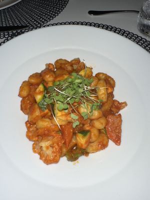 Vegan gnocchi with veggies & Pomodoro  at Elements Restaurant in Oranjestad