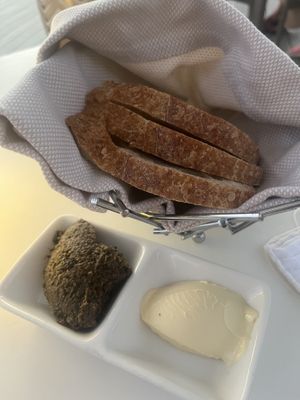 Sourdough bread served with vegan butter and olive tapenade  at Elements Restaurant in Oranjestad
