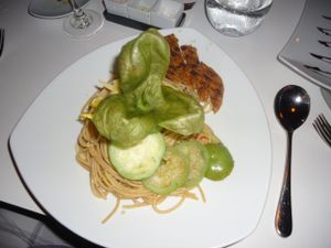 Whole wheat pasta with veggies and quron at Elements Restaurant in Oranjestad