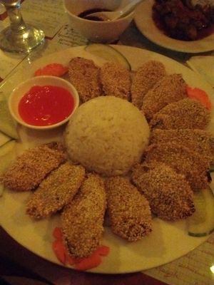 Deep fried eggplant with sesame  at Aubergine Cafe in Hanoi