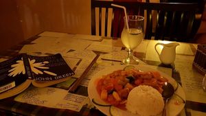 Sweet & sour, rice, fried tofu and lemon. at Aubergine Cafe in Hanoi