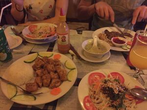 Papaya salad, veggie soup and caramel tofu with rice ☺️ at Aubergine Cafe in Hanoi