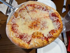 A medium cheese pizza with vegan Follow Your Heart cheese.  at Mellow Mushroom in Lincoln