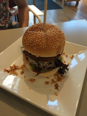 One of the burgers at De Vegetarische Traiteur in Amsterdam