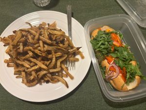 Vegan Italian sausage sub with fries   at Del Friscos in Dollard-des-ormeaux