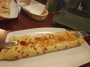 Pancake with jam at El Encuentro - Santa Catalina in Cusco
