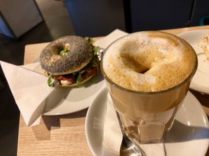 flavoured latté coffee & bagel at Goodies Berlin - Friedrichshain in Berlin