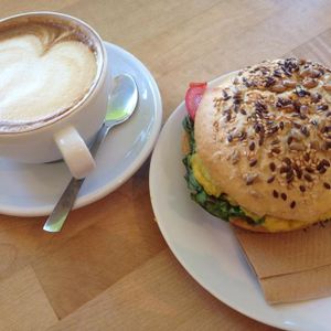 'no-egg-salad' bagel and soy capuccino, so yummy!  at Goodies Berlin - Friedrichshain in Berlin