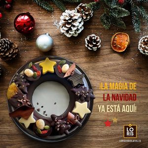 Turrón corona de Navidad con una ganache de chocolate negro 66% y naranja valenciana, praliné de almendra y un toque crujiente de nibs de cacao y arroz inflado caramelizado. at LORIS CHOCOLATES in Valencia