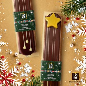 Turrón CARAMELO, AVELLANA y ALMENDRA. Sin lactosa, sin gluten. at LORIS CHOCOLATES in Valencia