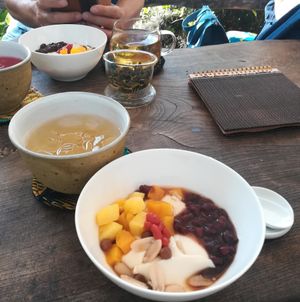 Soymilk pudding with frozen fruit, goji, adzuki, tapioca and peanuts at Kamochaya - カモチャヤ/賀茂茶屋 in Shizuoka