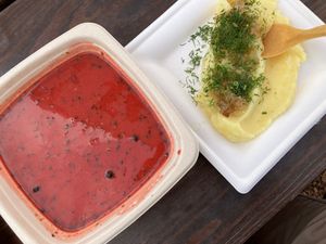 Borscht (barszcz) with its side of mashed potatoes at Wege Polka in Warsaw