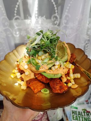 Sweet Potato Avocado Roasts with Grilled Corn *Vegan/GF at The Edible Journey in Port Stanley