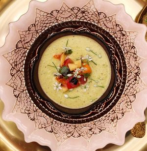 Chilled Sweet Corn Peach Basil Soup with Stonefruit Confit *Vegan/WF at The Edible Journey in Port Stanley