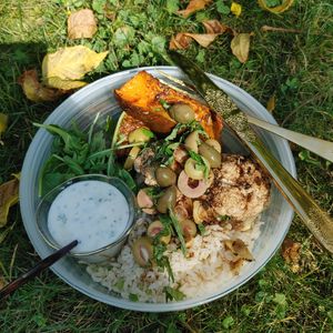 Roasted Cauliflower Bowl with organic brown rice, greens, sweet potato, olives and Minted Coconut Yogurt *Vegan/GF at The Edible Journey in Port Stanley
