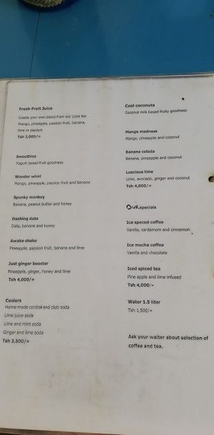 Menu at Lazuli in Zanzibar