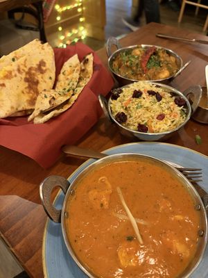 Vegan butter chicken, vegetable rice, chestnut curry, chilli and vegan peshwari naan bread  at Namaste Village - Oxford in Oxford