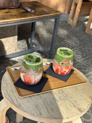 Strawberry matcha iced latte  at Bonsai Coffee & Matcha in Barcelona
