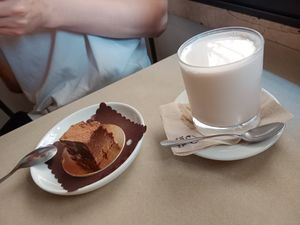 Raw brownie and a glass of almond milk - yummy at Cortese in Florence