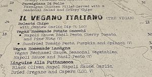 Specific vegan section of menu  at Doppiozero  in Beaconsfield