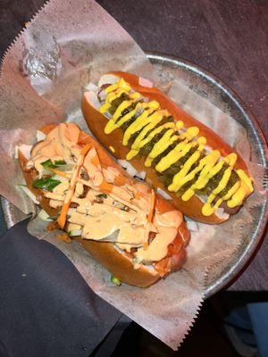 Animal-free hotdogs: Banh Mi (L) and Chicago (R)  at Fred's Dog House in Brooklyn