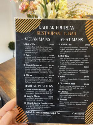 Menu  at Dahlak Eritrean Restaurant & Bar in Saskatoon