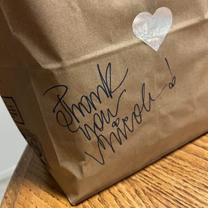 thank you note on bag  at Val's Vegan Kitchen in San Diego